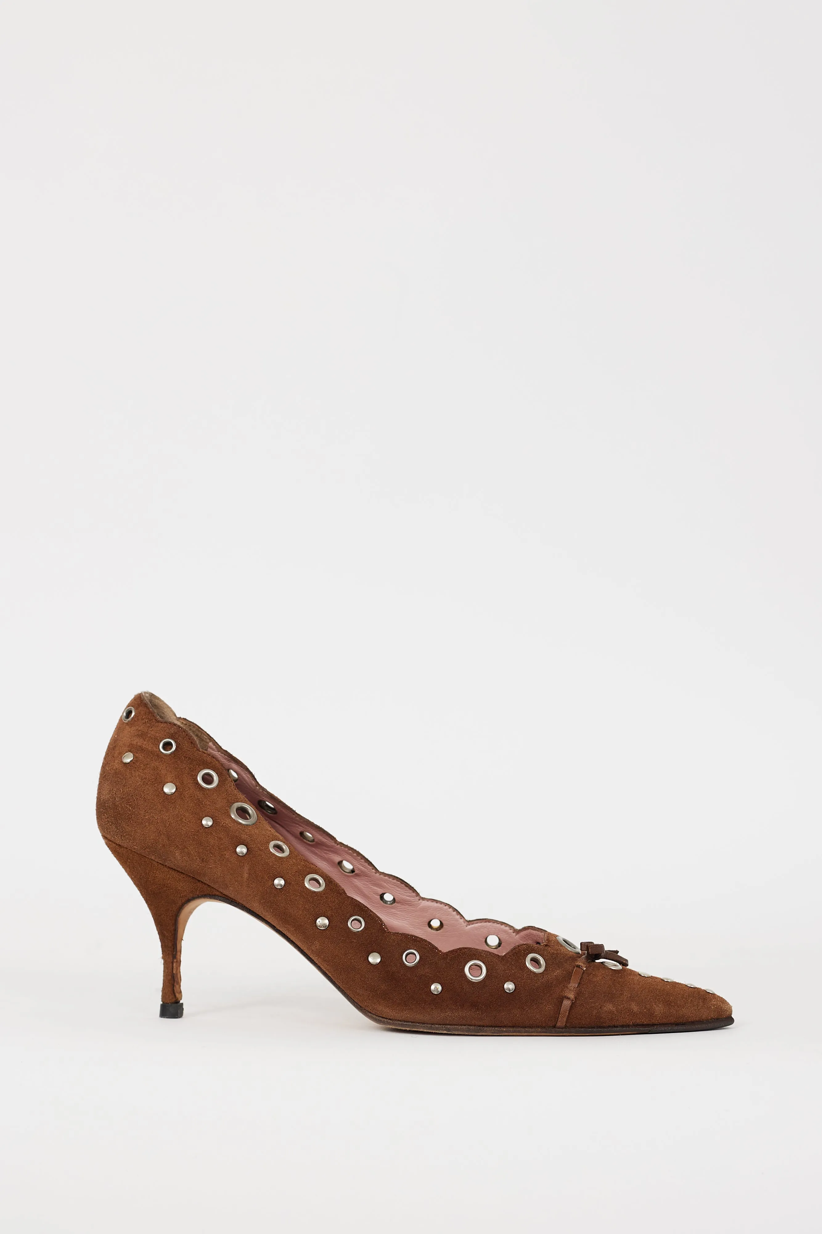 Brown & Silver Suede Grommet Heel
