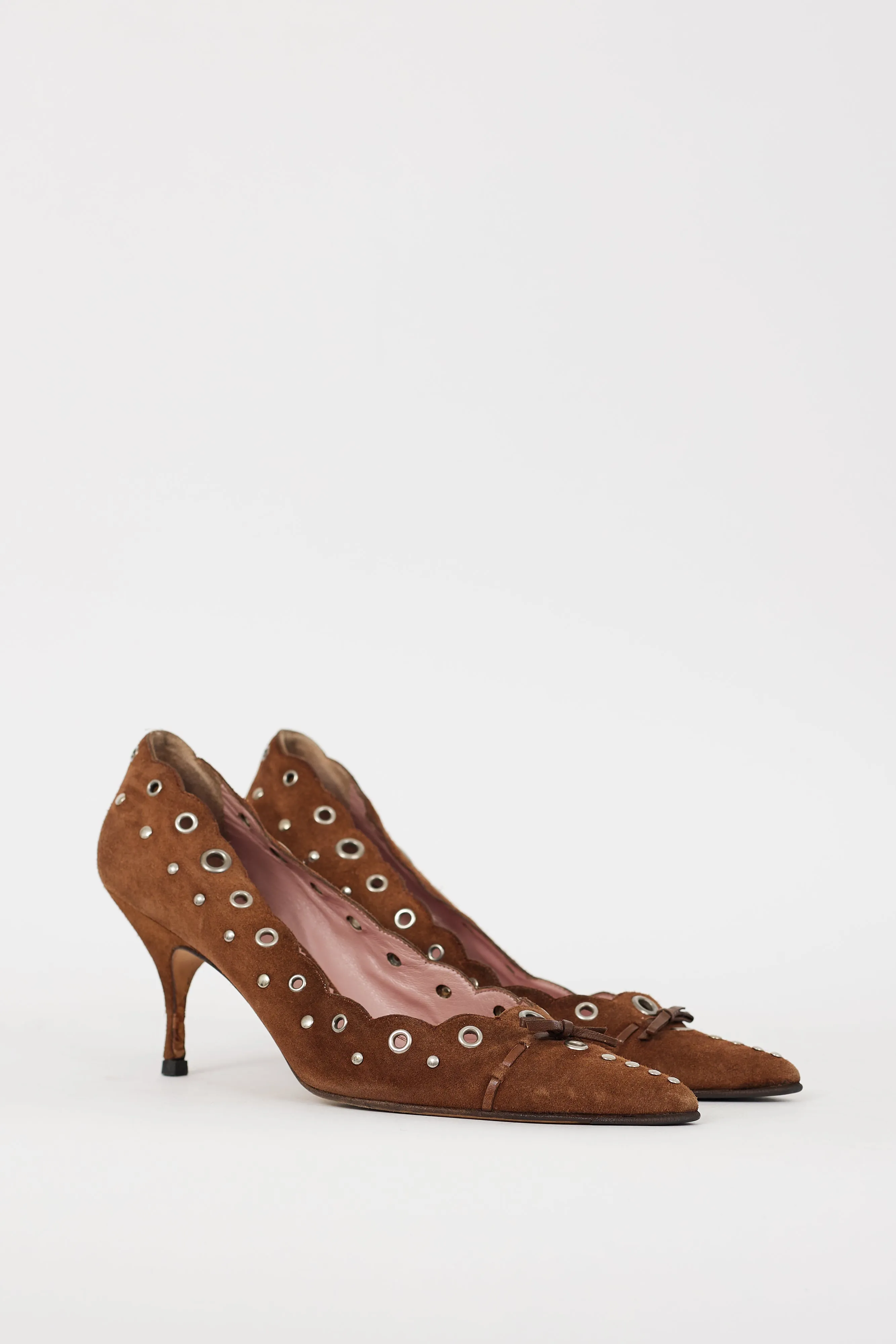 Brown & Silver Suede Grommet Heel