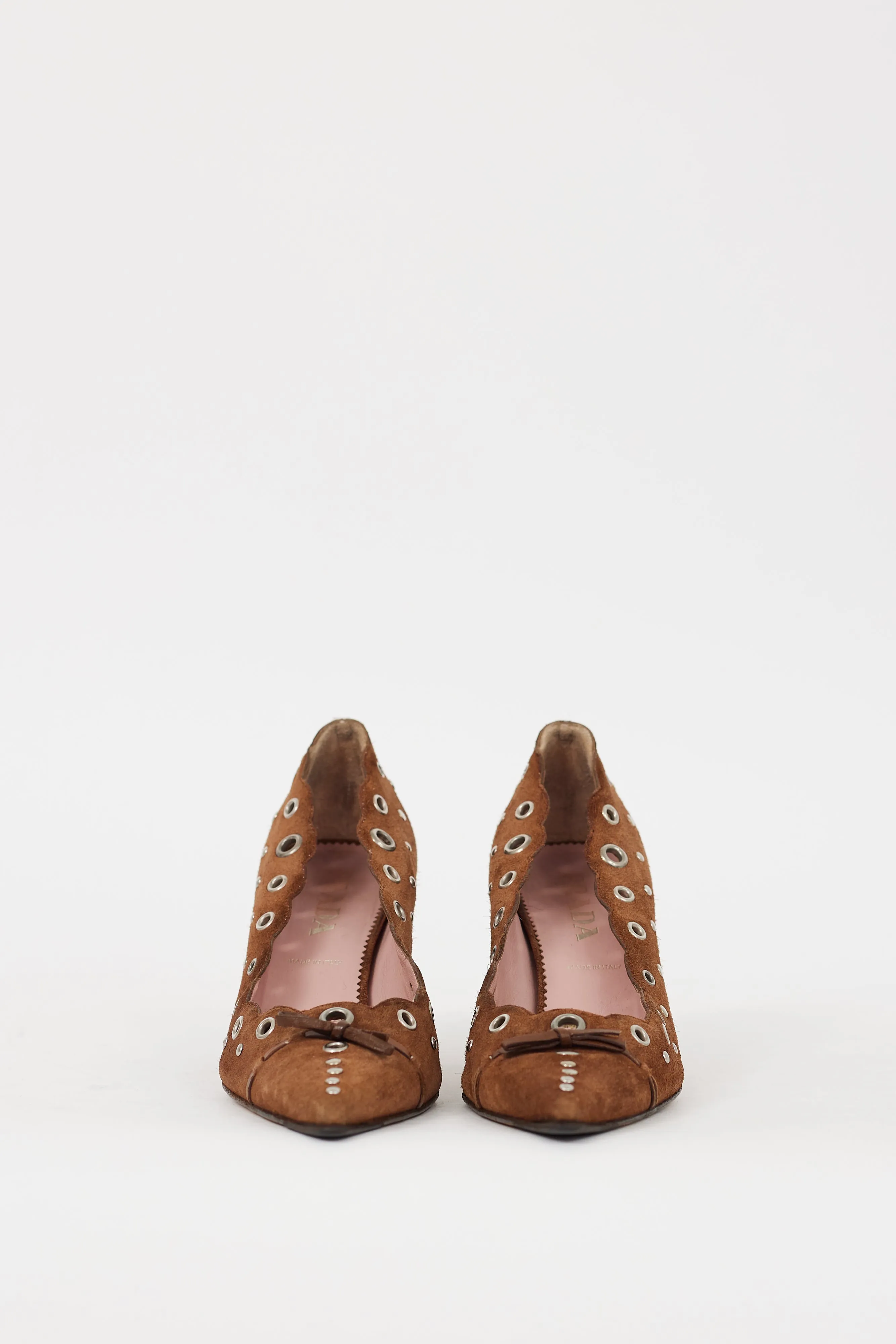 Brown & Silver Suede Grommet Heel