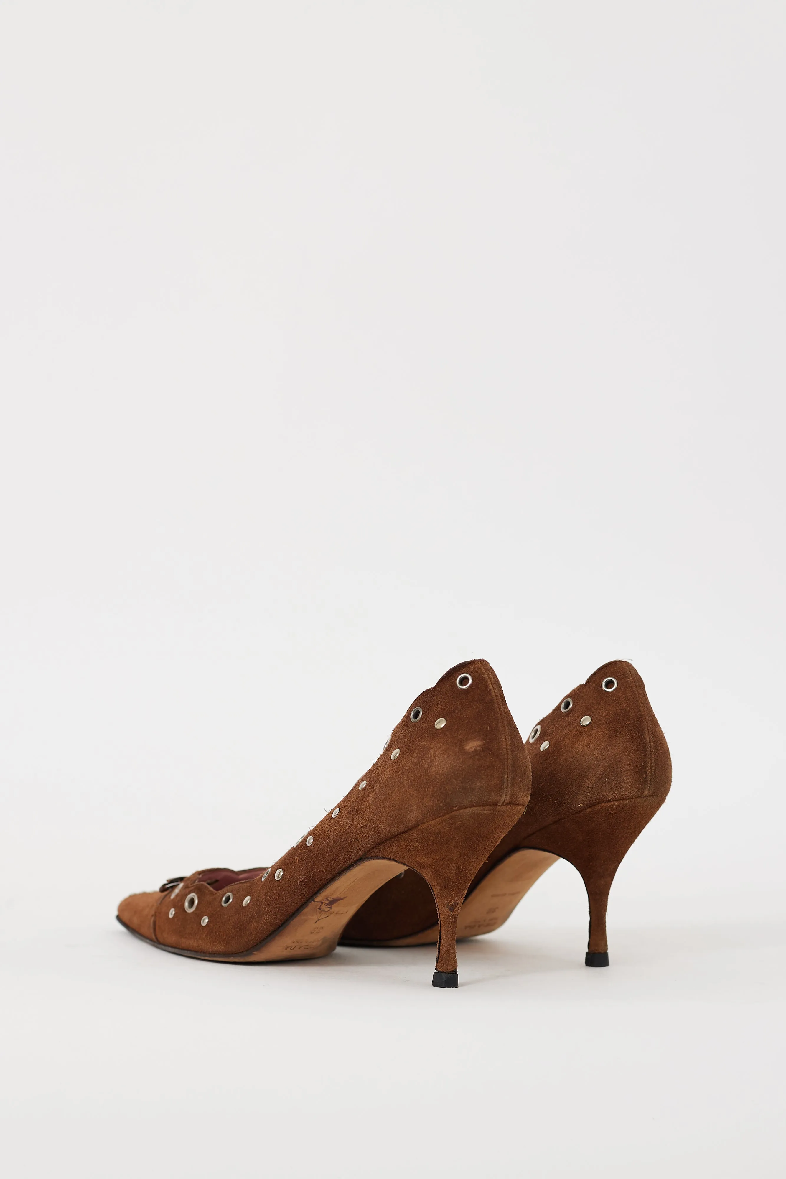 Brown & Silver Suede Grommet Heel