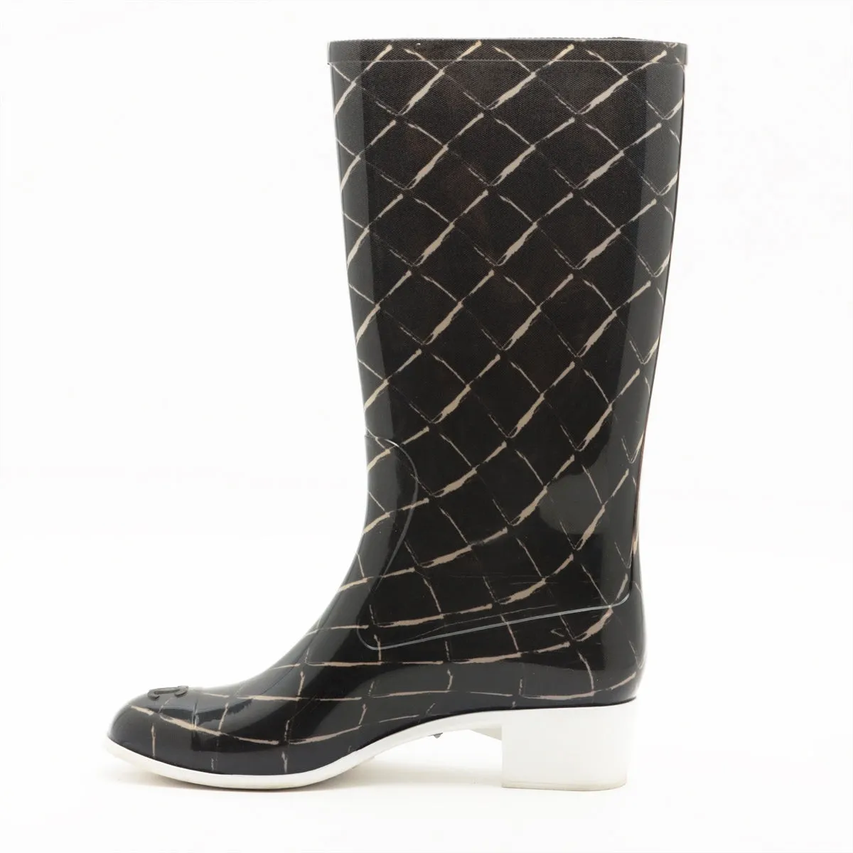 Chanel Coco Laver Rain Boots 35  Black x Beige Upper Inside Head Yogurt at