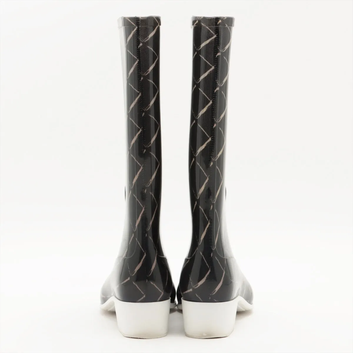 Chanel Coco Laver Rain Boots 35  Black x Beige Upper Inside Head Yogurt at