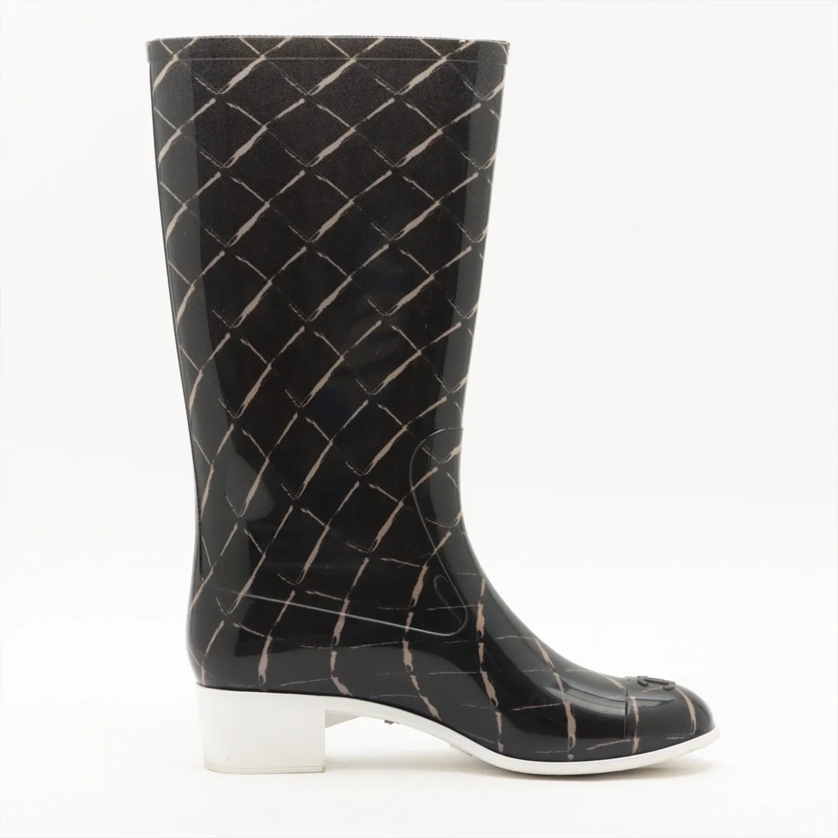 Chanel Coco Laver Rain Boots 35  Black x Beige Upper Inside Head Yogurt at