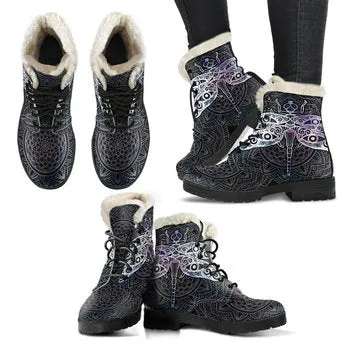 Dragonfly Print on Demand Artwork Women's Fur Trimmed Combat Style Boots