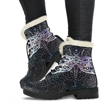 Dragonfly Print on Demand Artwork Women's Fur Trimmed Combat Style Boots