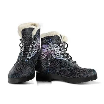 Dragonfly Print on Demand Artwork Women's Fur Trimmed Combat Style Boots