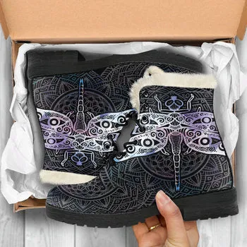 Dragonfly Print on Demand Artwork Women's Fur Trimmed Combat Style Boots