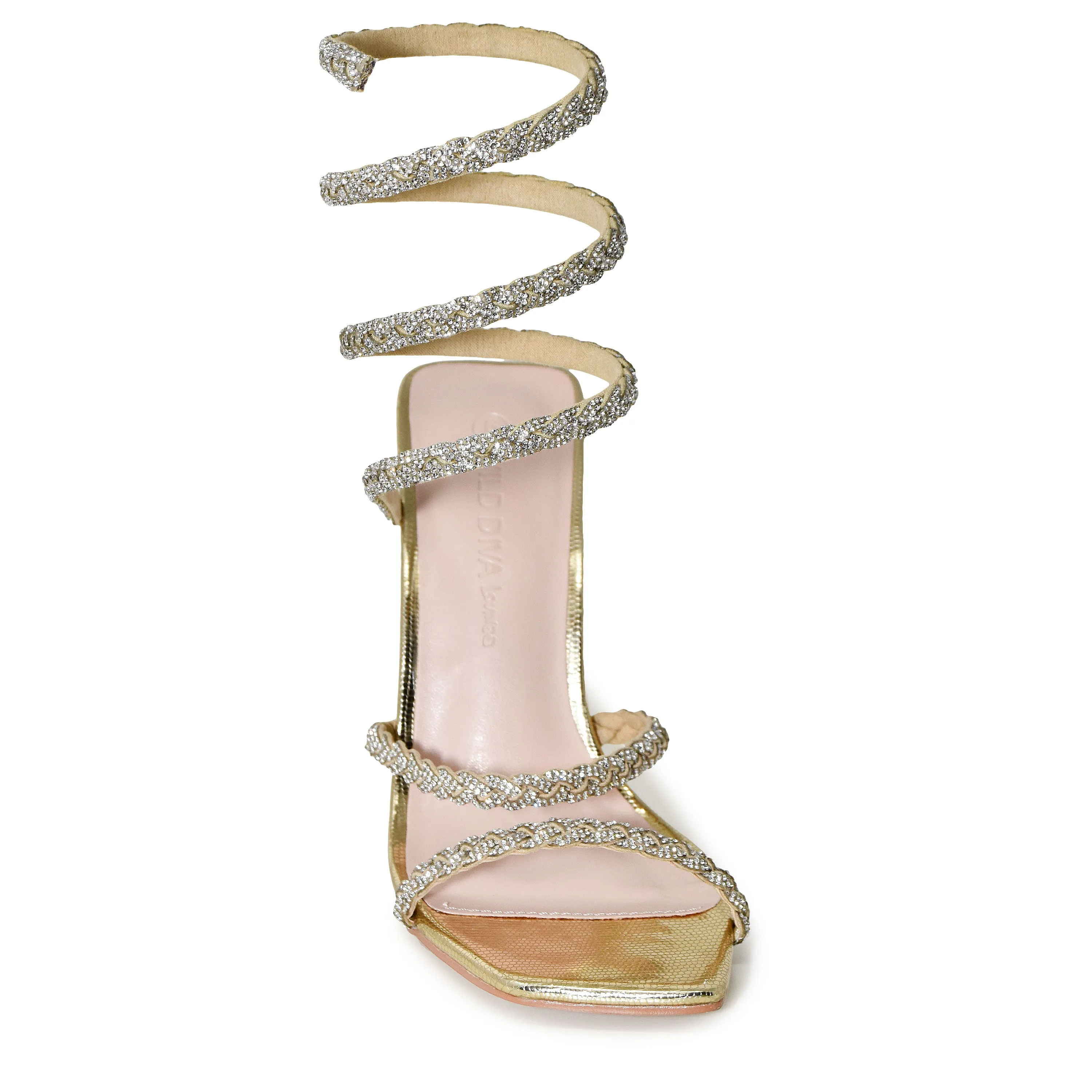 EDWELL-01 Embellished Rhinestone Coil Wrap Around Square Toe Stiletto Heels