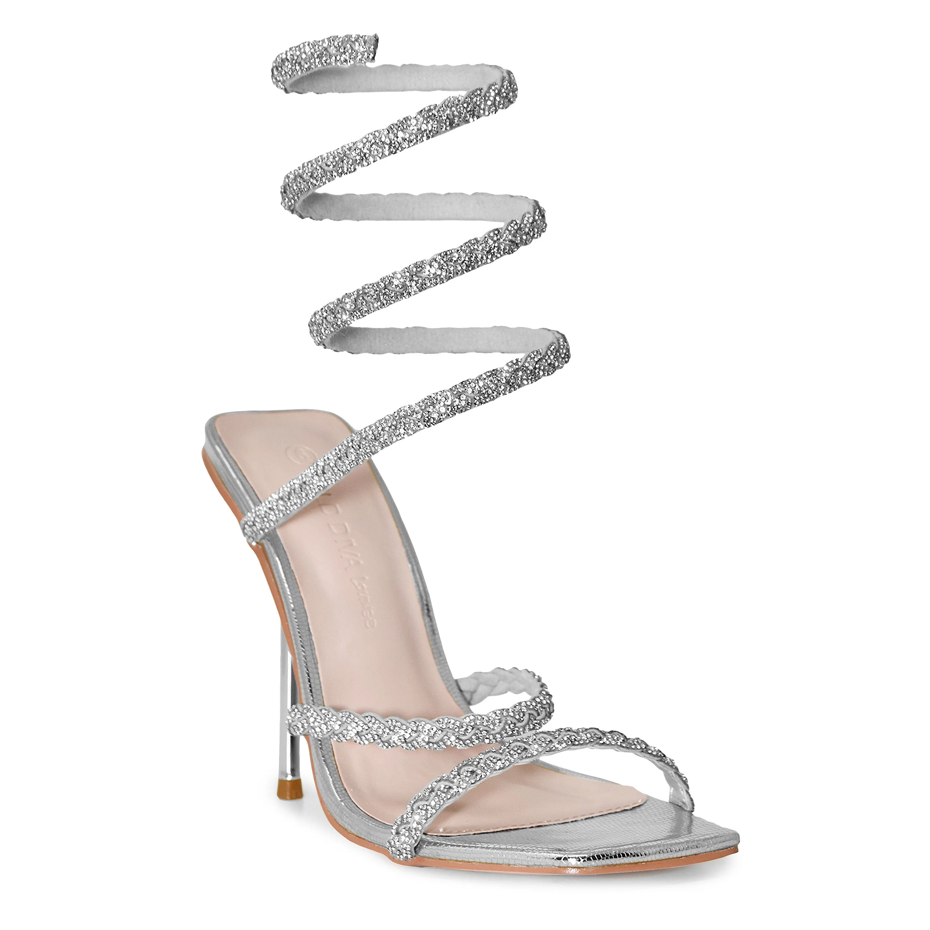EDWELL-01 Embellished Rhinestone Coil Wrap Around Square Toe Stiletto Heels