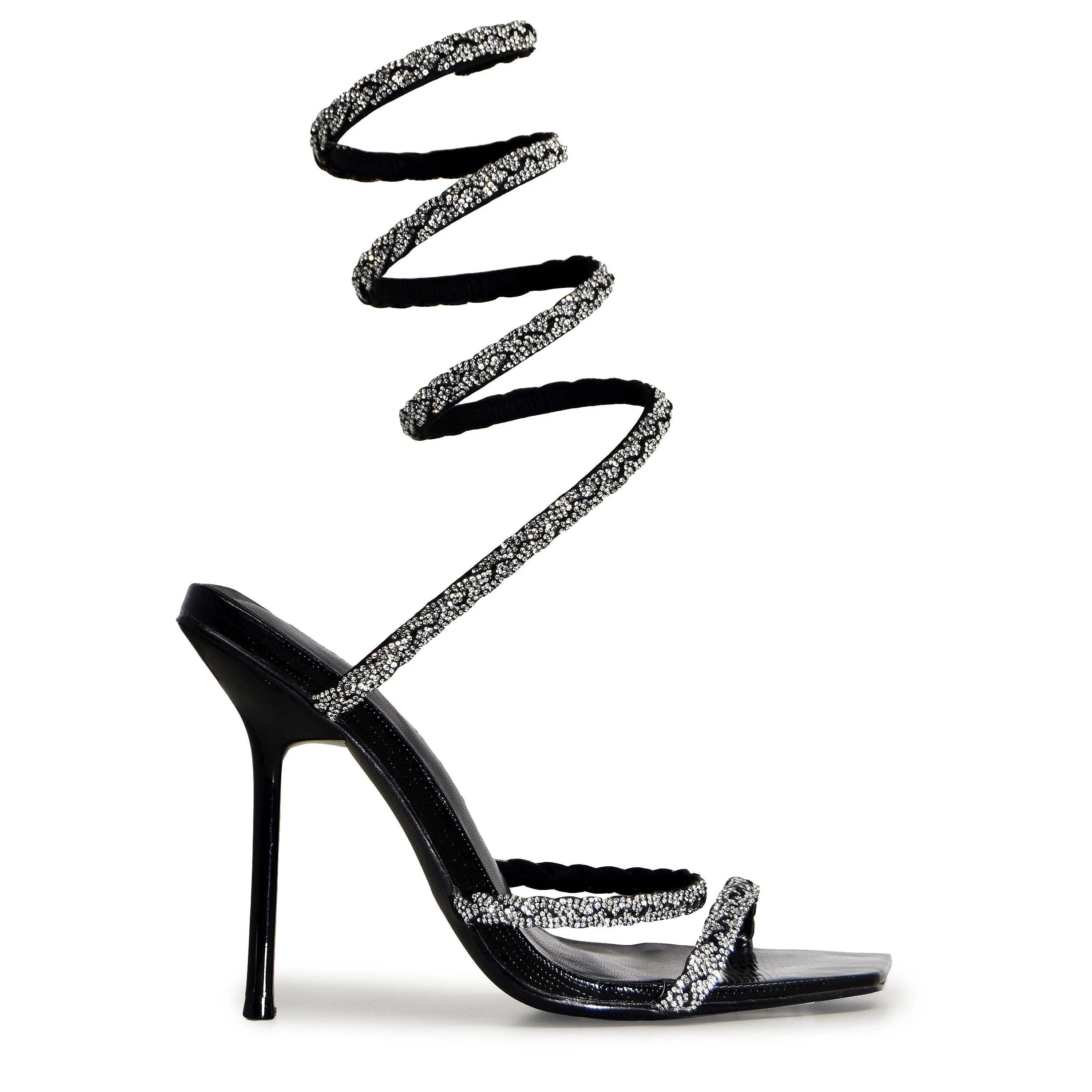 EDWELL-01 Embellished Rhinestone Coil Wrap Around Square Toe Stiletto Heels