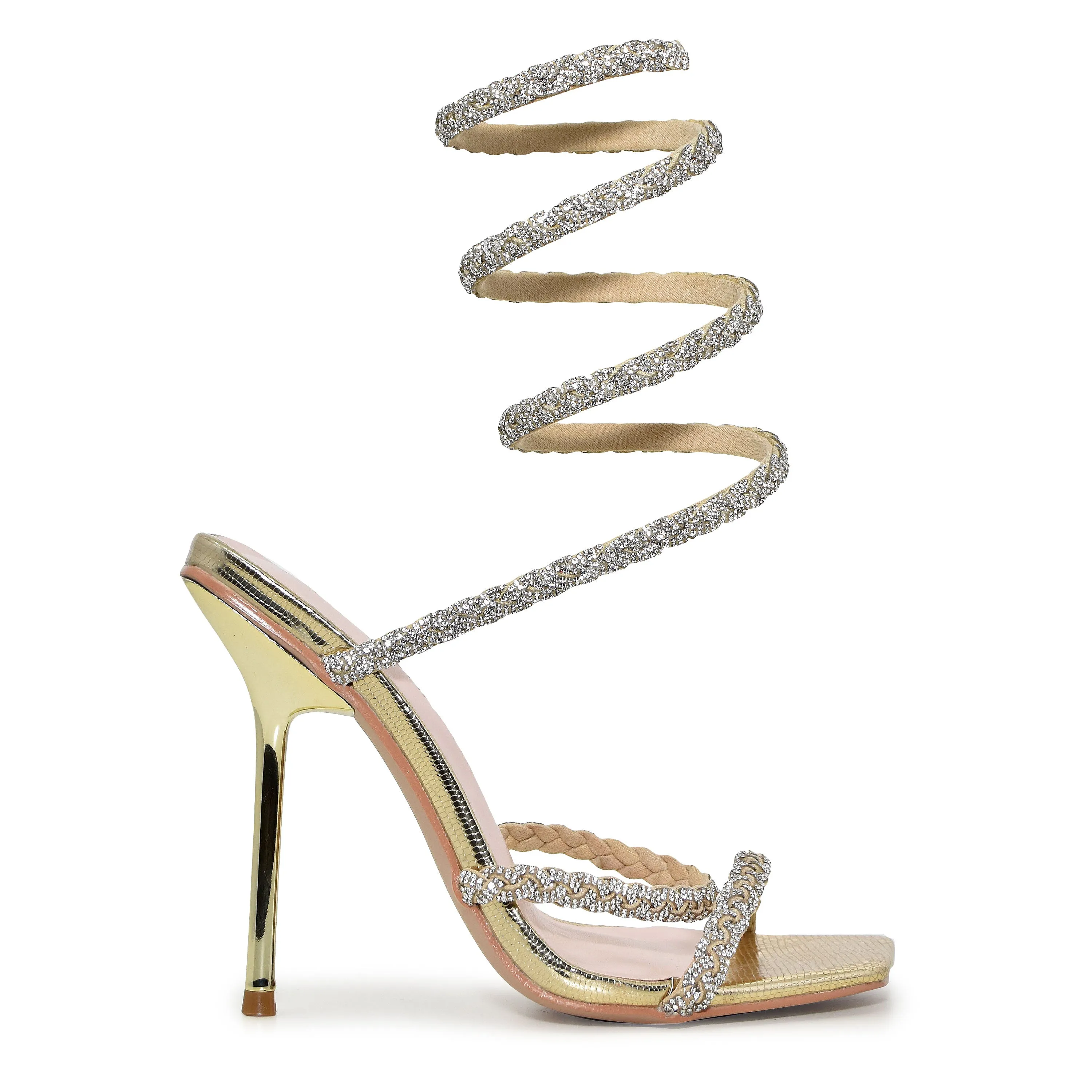 EDWELL-01 Embellished Rhinestone Coil Wrap Around Square Toe Stiletto Heels