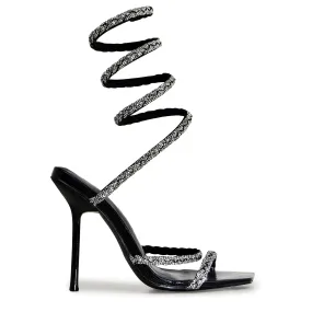 EDWELL-01 Embellished Rhinestone Coil Wrap Around Square Toe Stiletto Heels