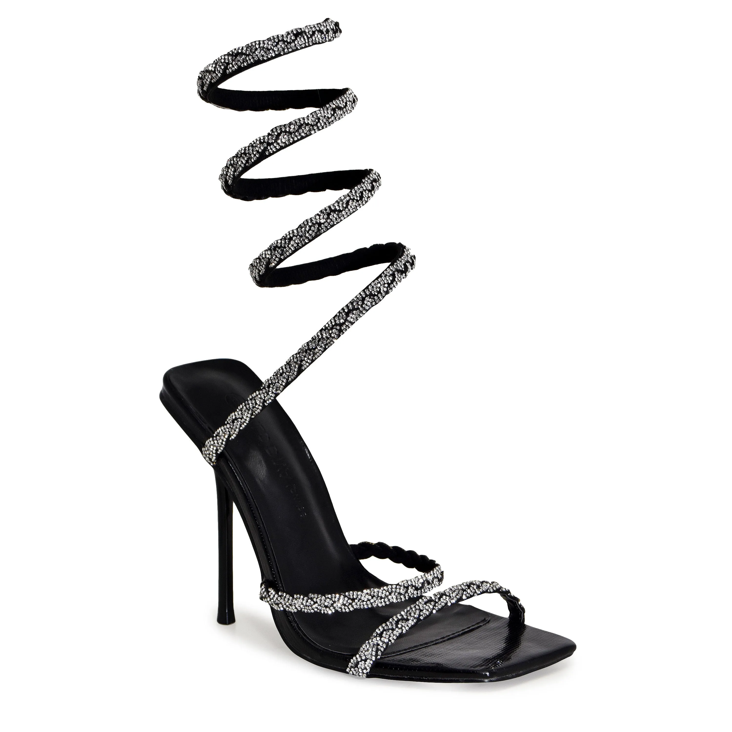 EDWELL-01 Embellished Rhinestone Coil Wrap Around Square Toe Stiletto Heels