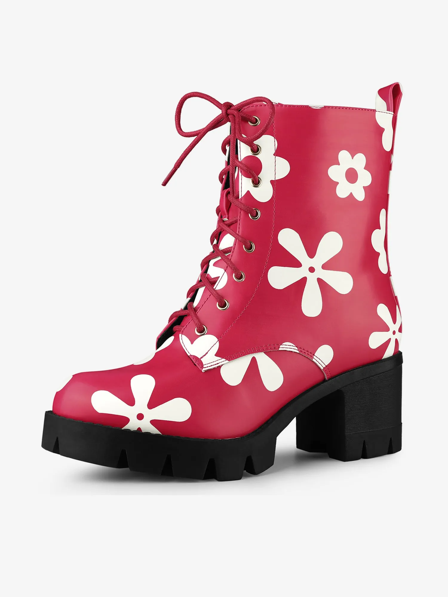 Printed Platform Round Toe Lace Up Chunky Heel Combat Boots