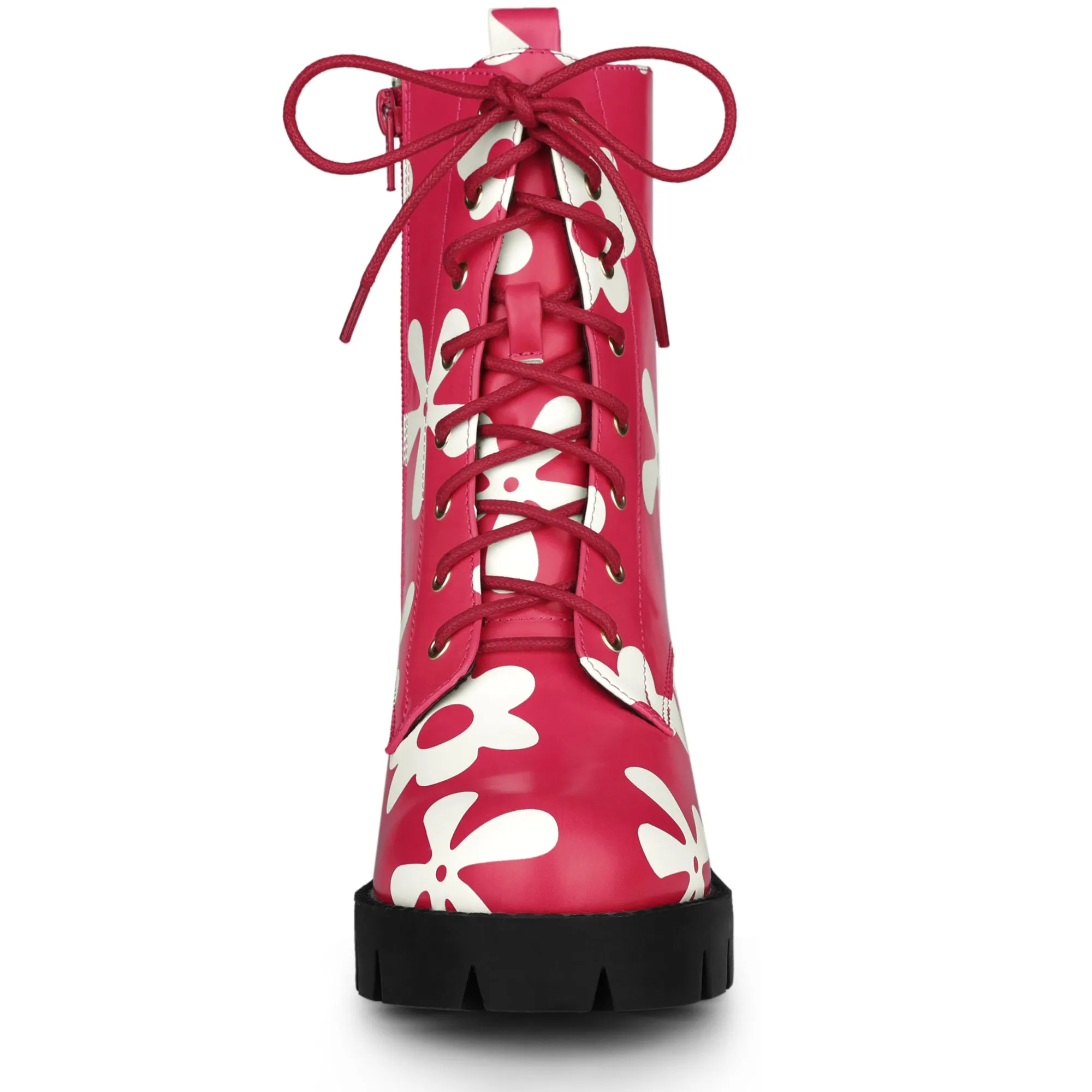 Printed Platform Round Toe Lace Up Chunky Heel Combat Boots