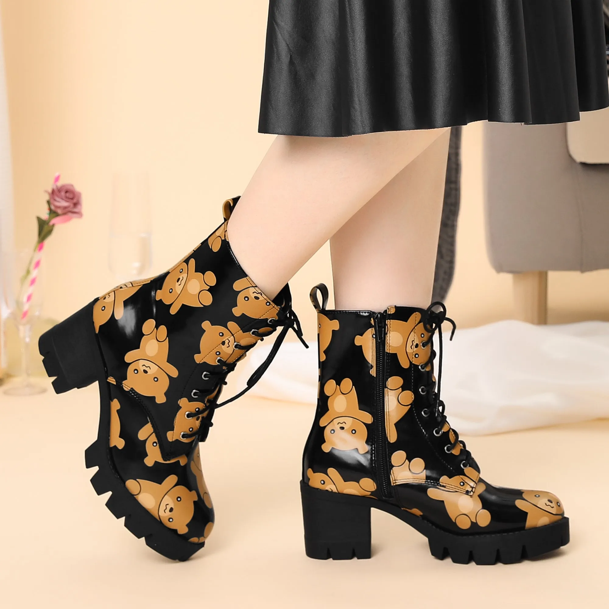 Printed Platform Round Toe Lace Up Chunky Heel Combat Boots