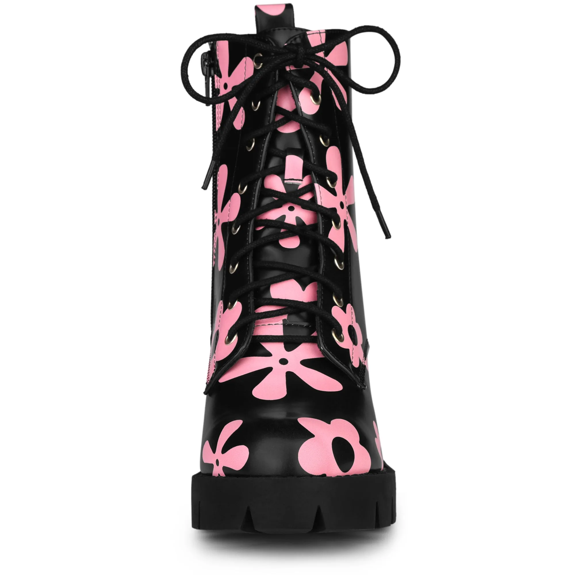 Printed Platform Round Toe Lace Up Chunky Heel Combat Boots