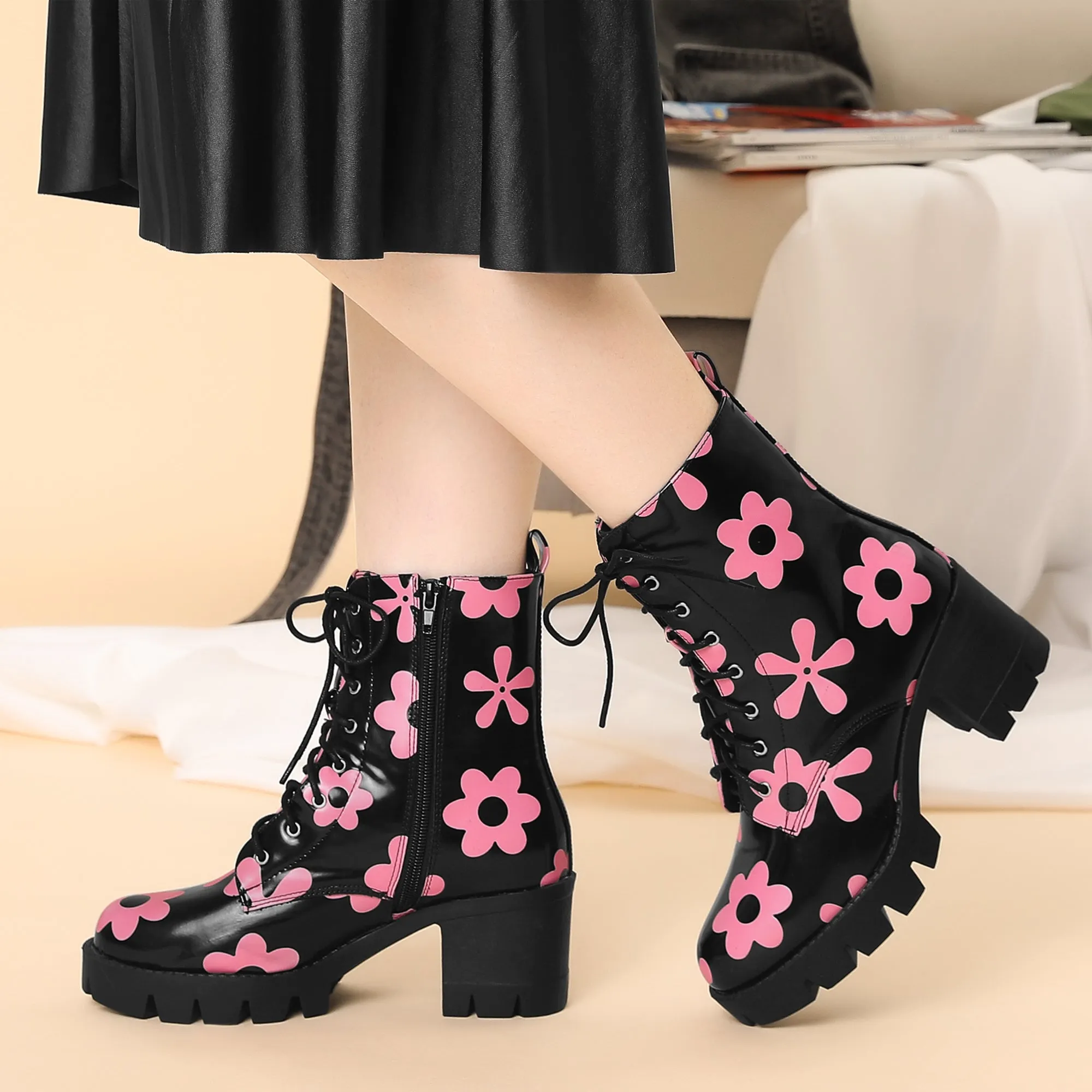 Printed Platform Round Toe Lace Up Chunky Heel Combat Boots