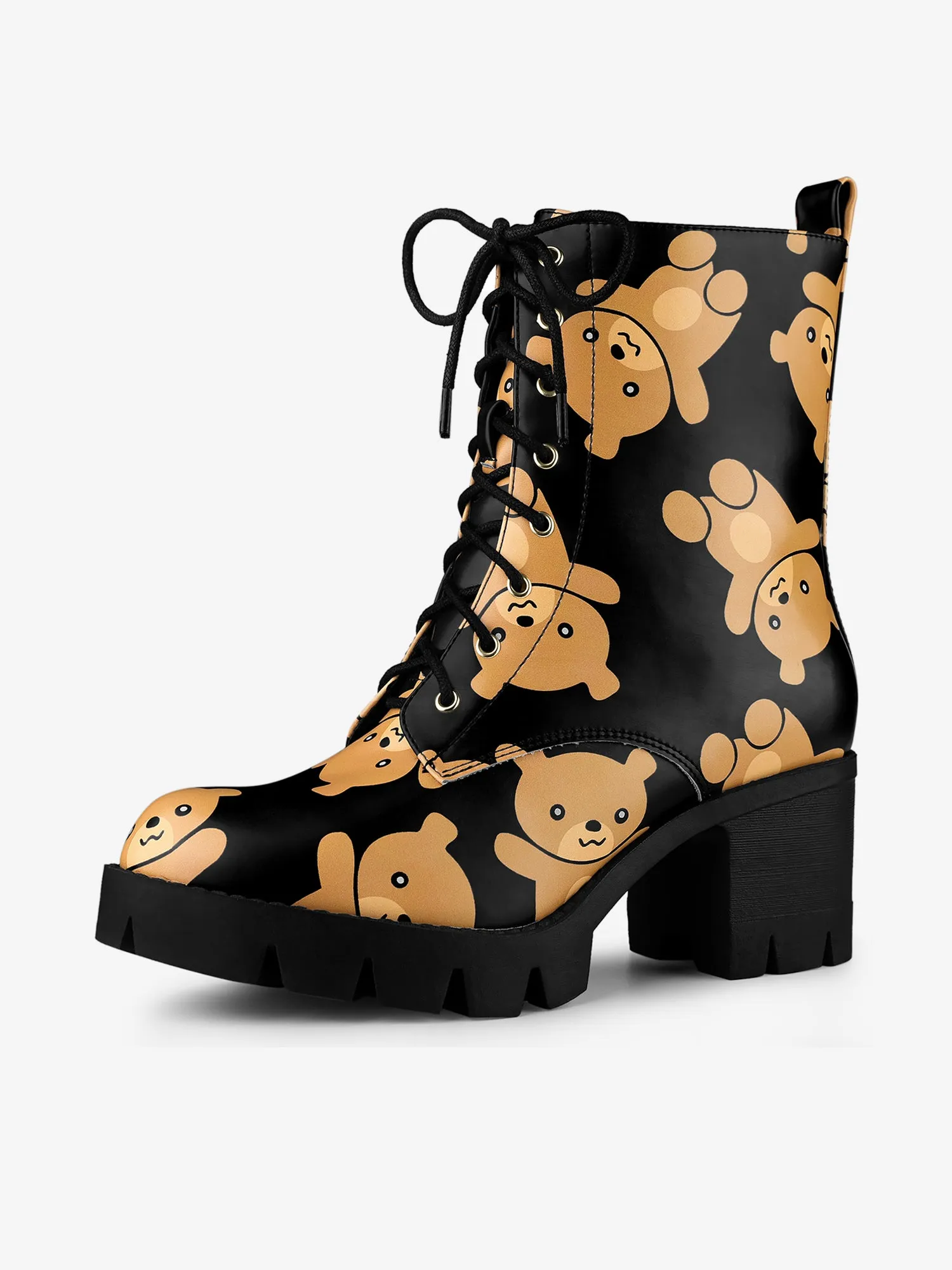 Printed Platform Round Toe Lace Up Chunky Heel Combat Boots