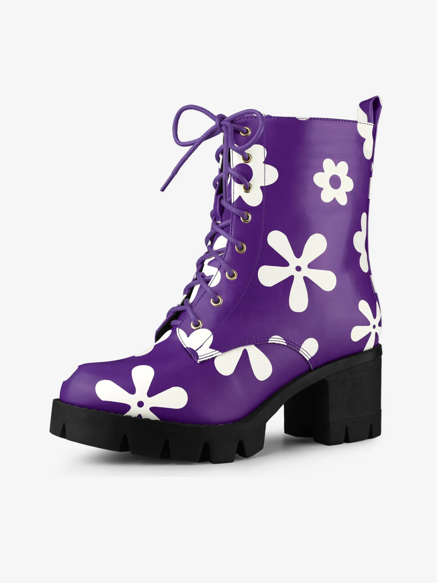 Printed Platform Round Toe Lace Up Chunky Heel Combat Boots