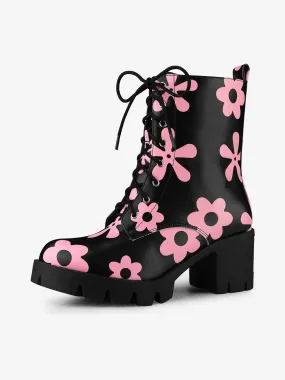 Printed Platform Round Toe Lace Up Chunky Heel Combat Boots