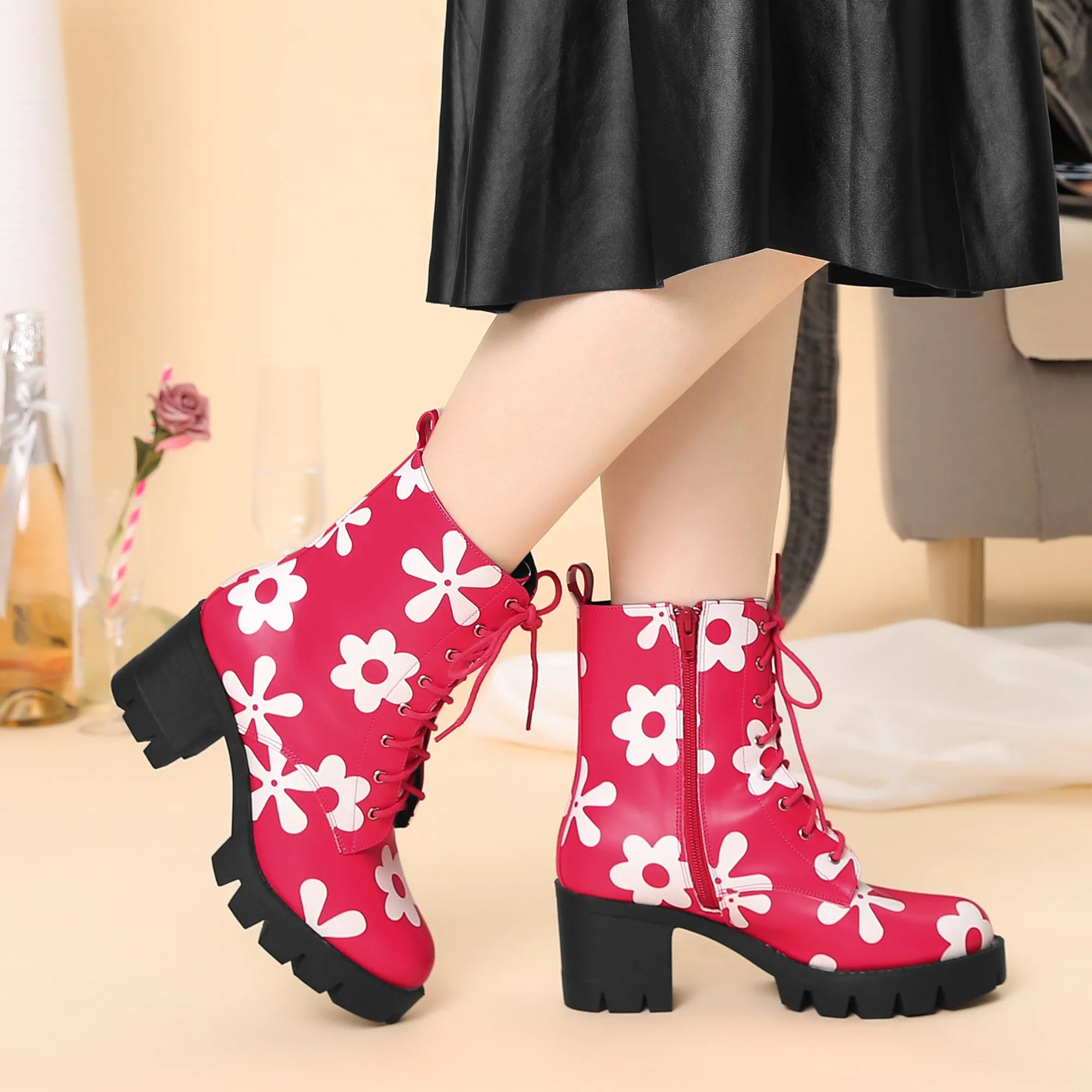 Printed Platform Round Toe Lace Up Chunky Heel Combat Boots
