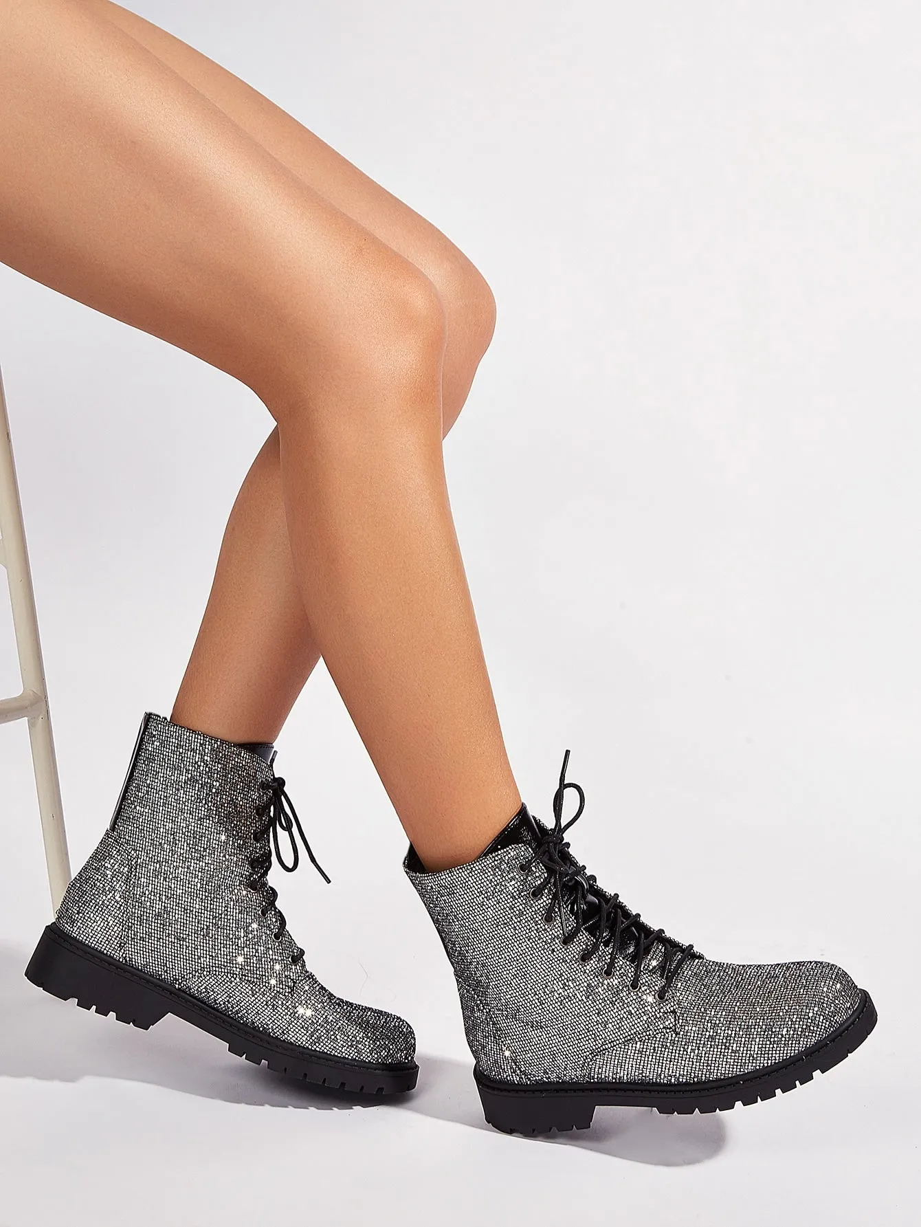 Sequins Decor Lace-up Front Side Zipper Combat Boots