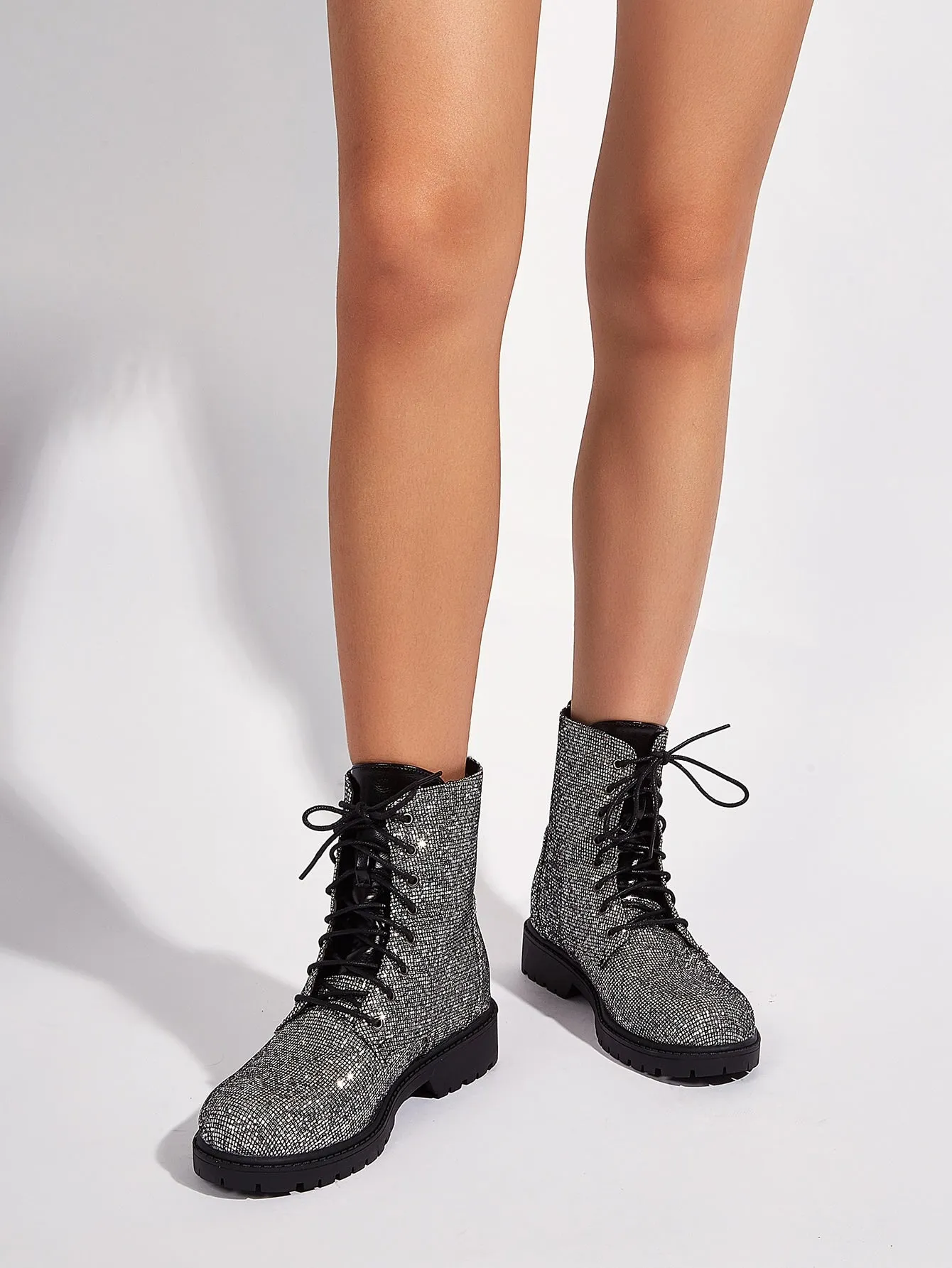 Sequins Decor Lace-up Front Side Zipper Combat Boots