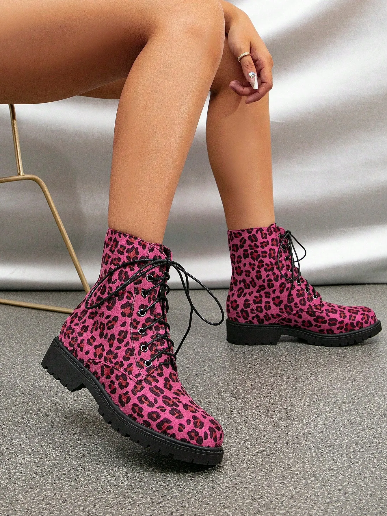 Sequins Decor Lace-up Front Side Zipper Combat Boots