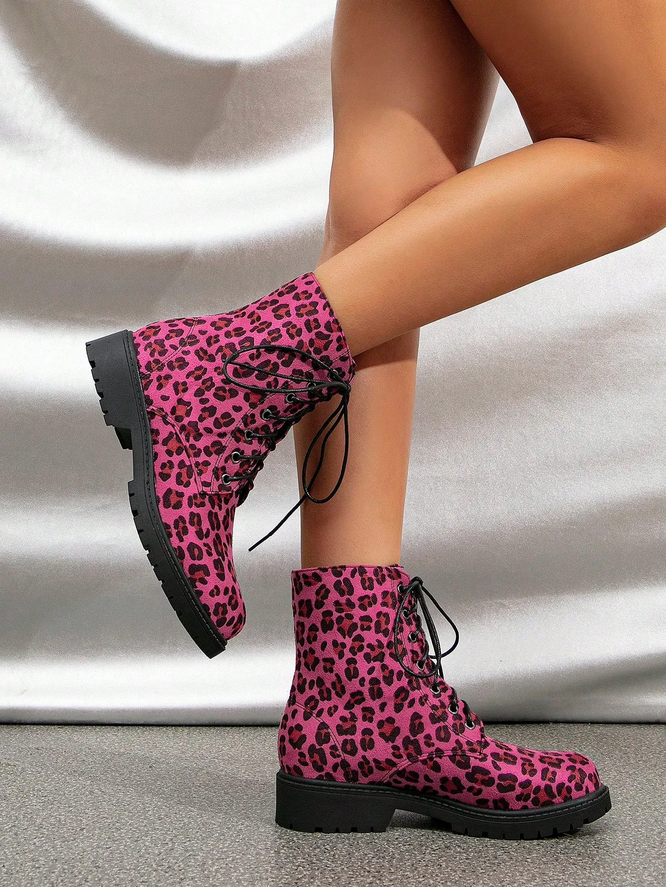 Sequins Decor Lace-up Front Side Zipper Combat Boots