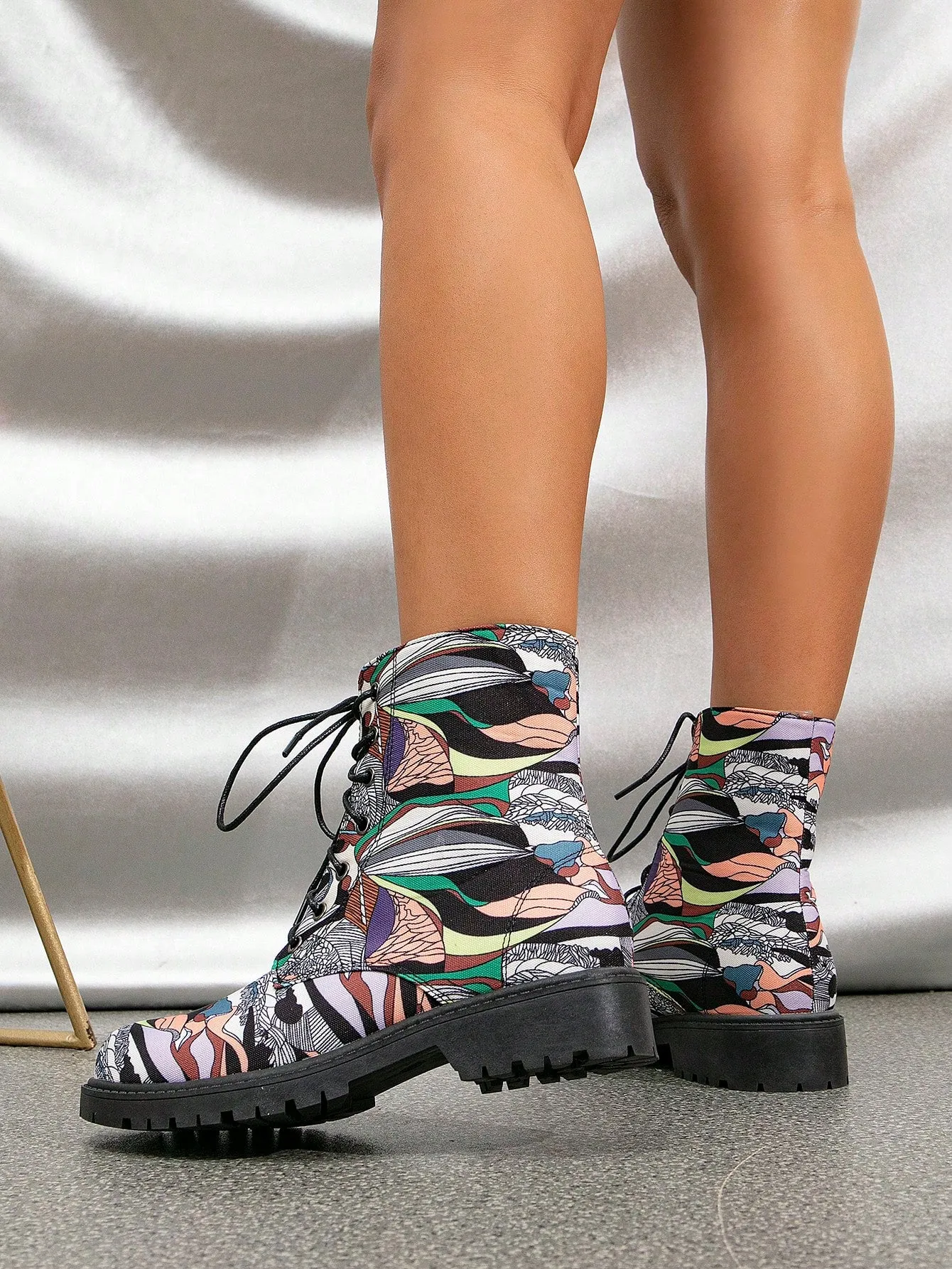 Sequins Decor Lace-up Front Side Zipper Combat Boots