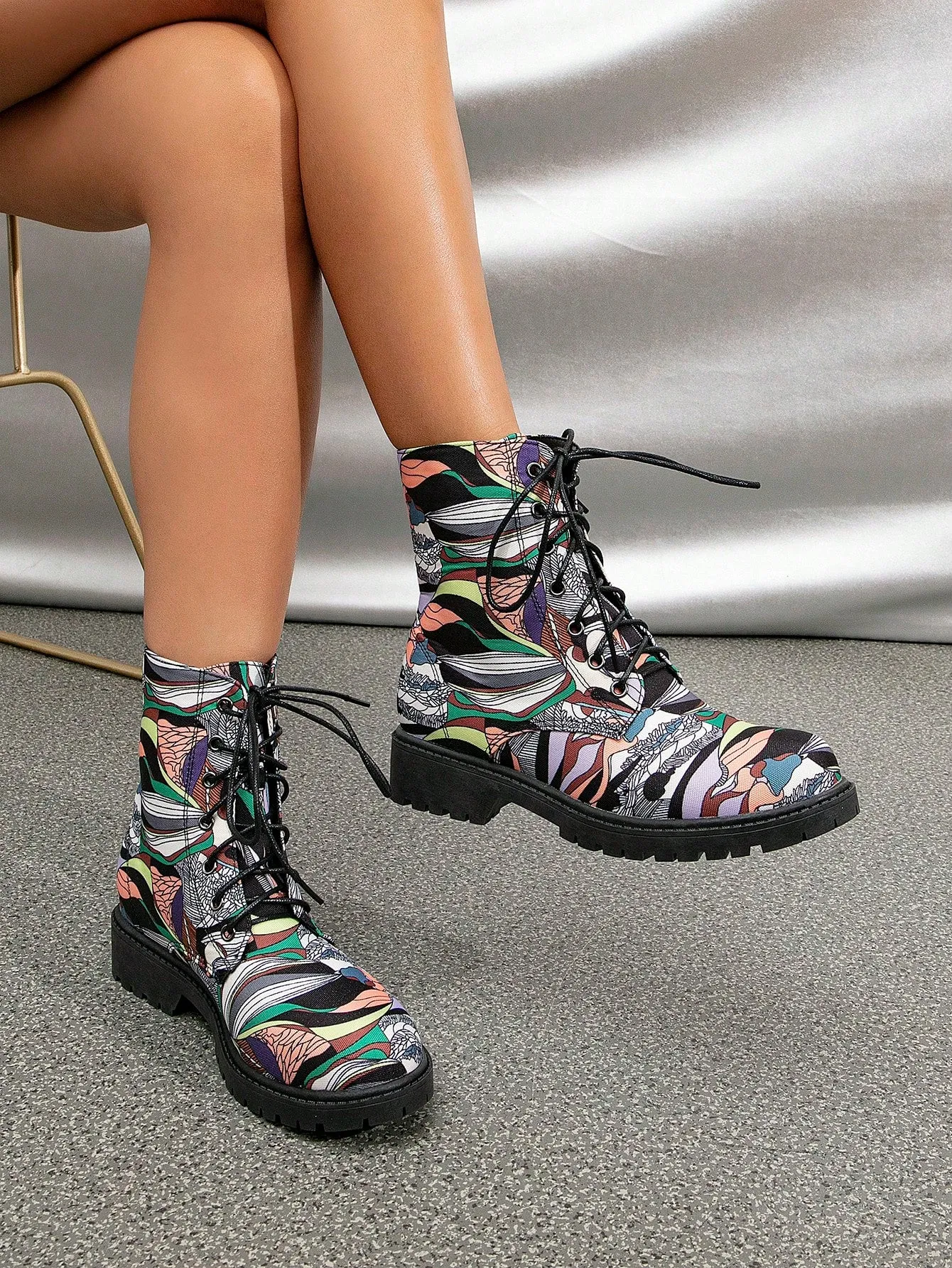 Sequins Decor Lace-up Front Side Zipper Combat Boots