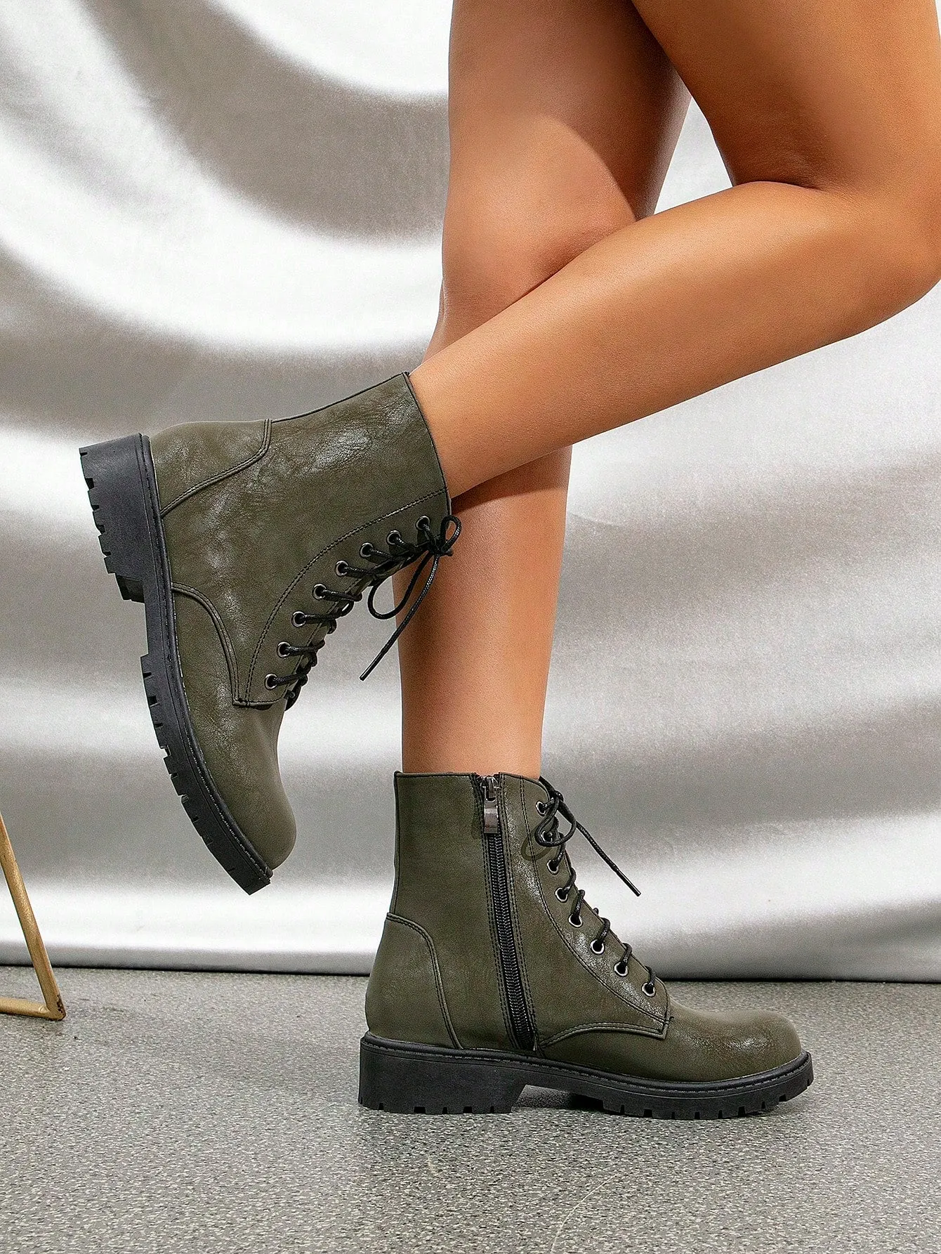 Sequins Decor Lace-up Front Side Zipper Combat Boots