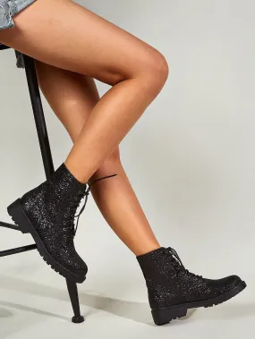 Sequins Decor Lace-up Front Side Zipper Combat Boots