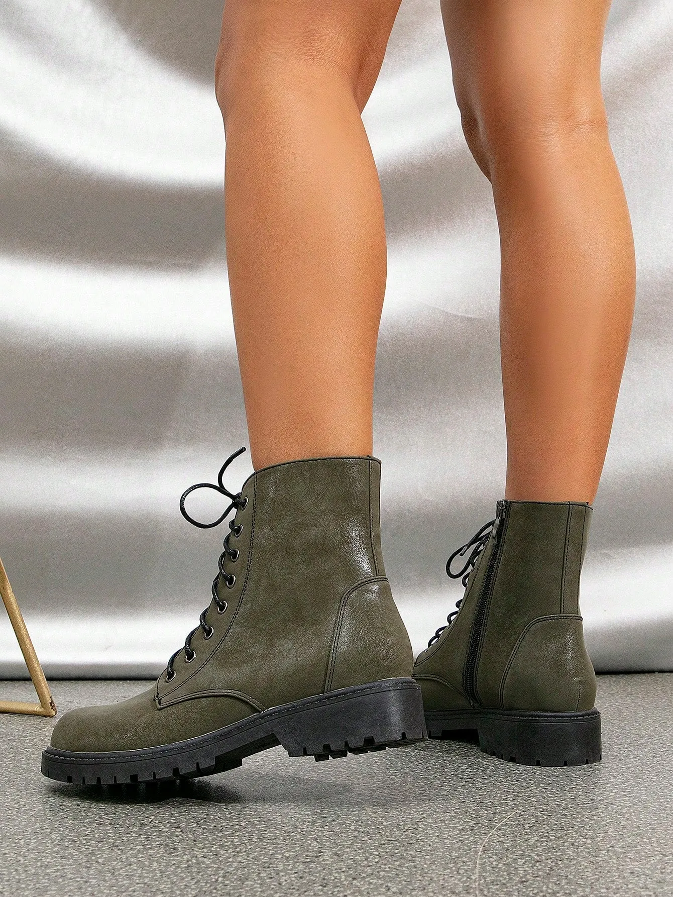 Sequins Decor Lace-up Front Side Zipper Combat Boots