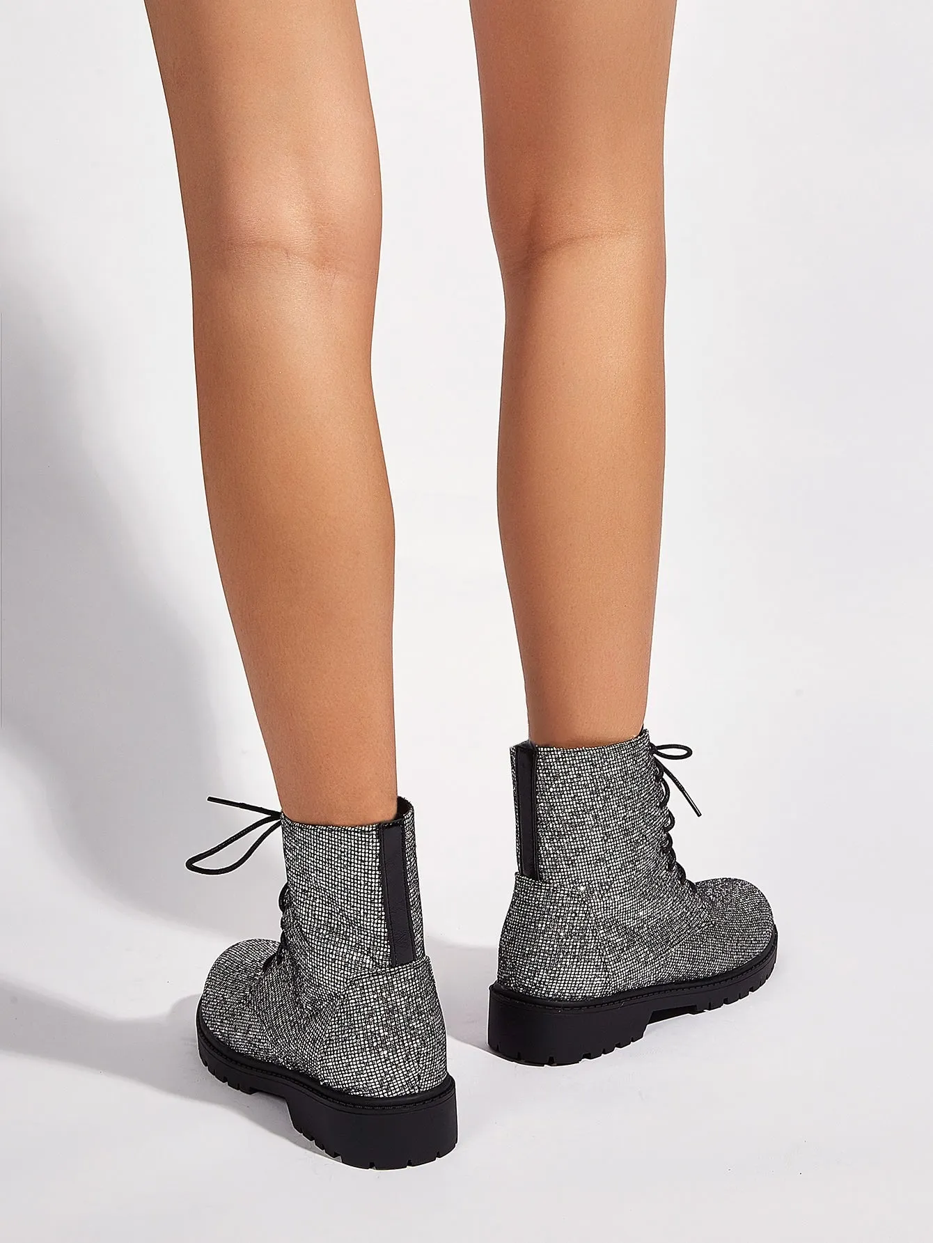 Sequins Decor Lace-up Front Side Zipper Combat Boots