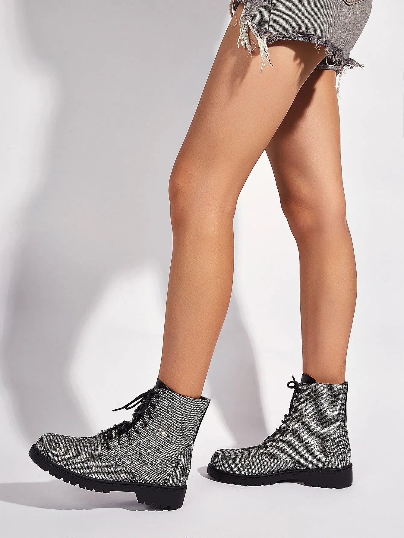 Sequins Decor Lace-up Front Side Zipper Combat Boots