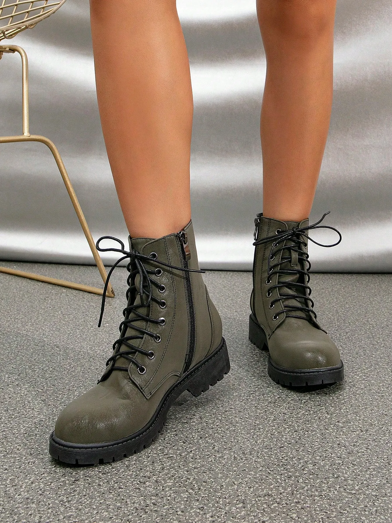 Sequins Decor Lace-up Front Side Zipper Combat Boots