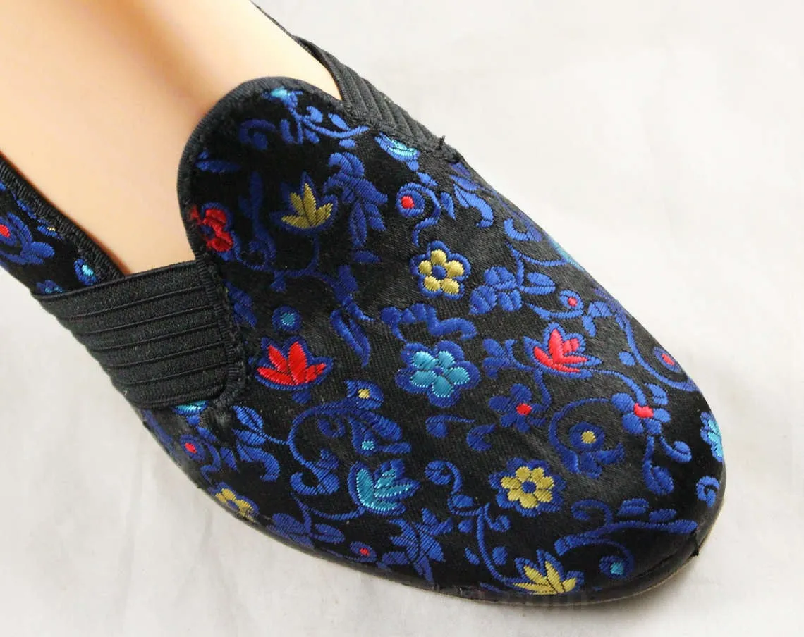 Size 7 Slippers - Unworn 1950s Bedroom Shoes - Black Red Blue Floral Brocade Boudoir Heels - Glamour Girl - 50s NOS Deadstock - 7M - 47691-1