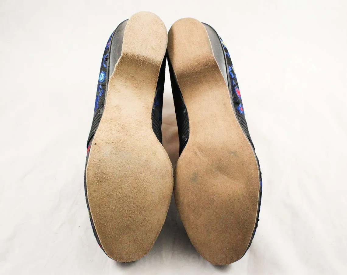 Size 7 Slippers - Unworn 1950s Bedroom Shoes - Black Red Blue Floral Brocade Boudoir Heels - Glamour Girl - 50s NOS Deadstock - 7M - 47691-1